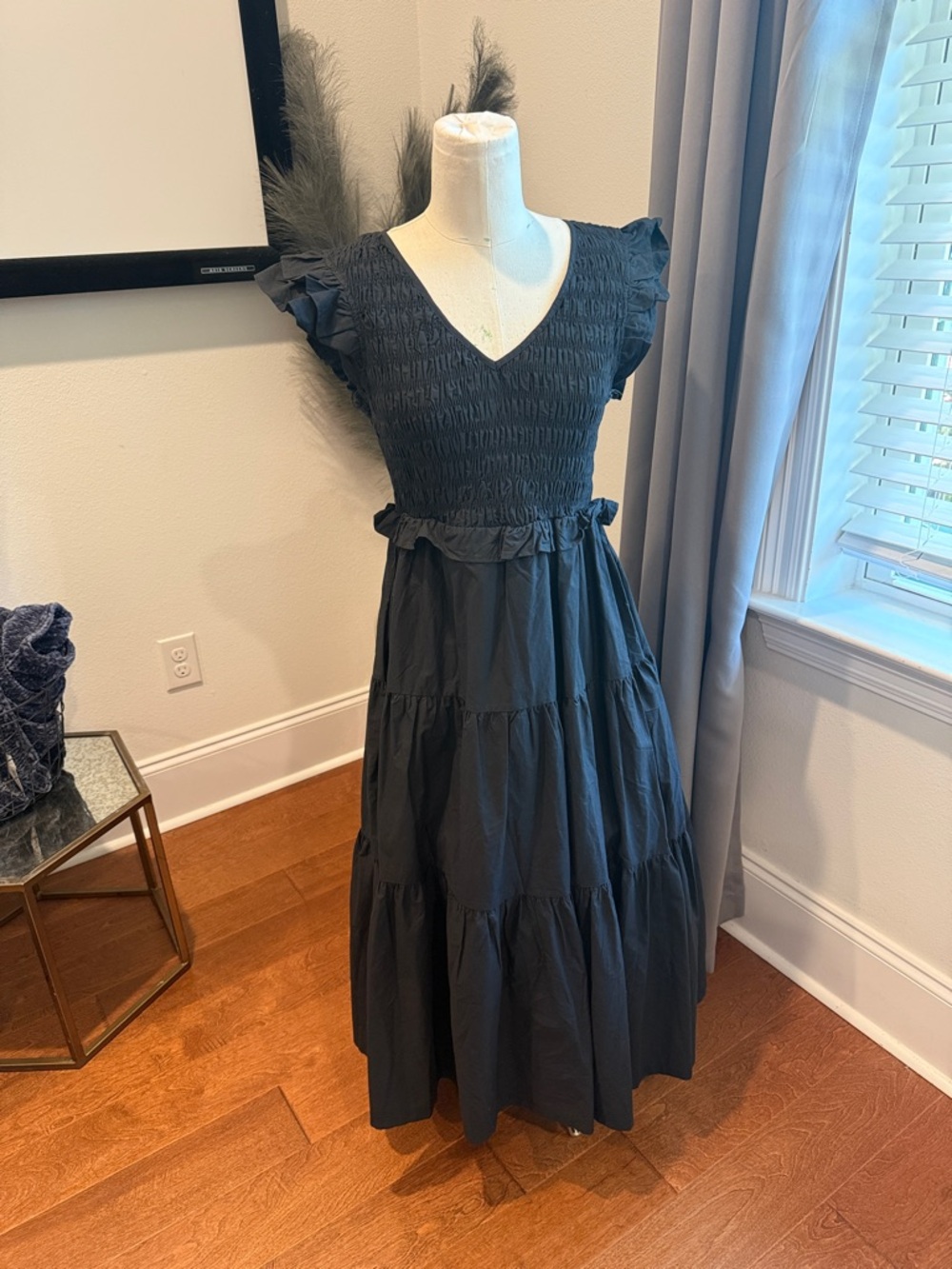 Smocked V-Neck Black Maxi Dress with Ruffle Sleeves